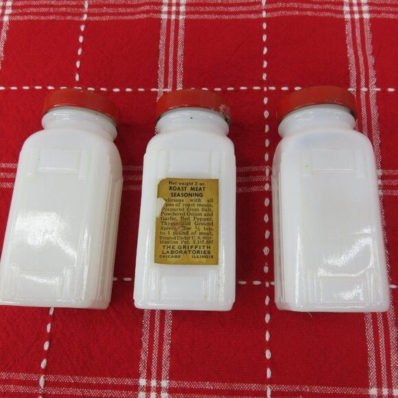 Griffiths Milk Glass Spice Jars Set of 10 Red Lids Some Labels - Picture 6 of 10